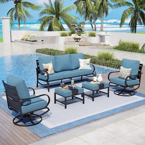 Black 5-Piece Metal Slatted 7-Seat Outdoor Patio Conversation Set with Denim Blue Cushions, 2 Swivel Chairs, 2 Ottomans