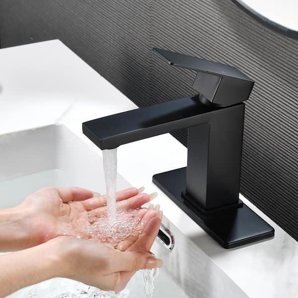Single Handle Bathroom Faucet with Deck Plate, Modern Single Hole Bathroom Faucet with Drain in Matte Black