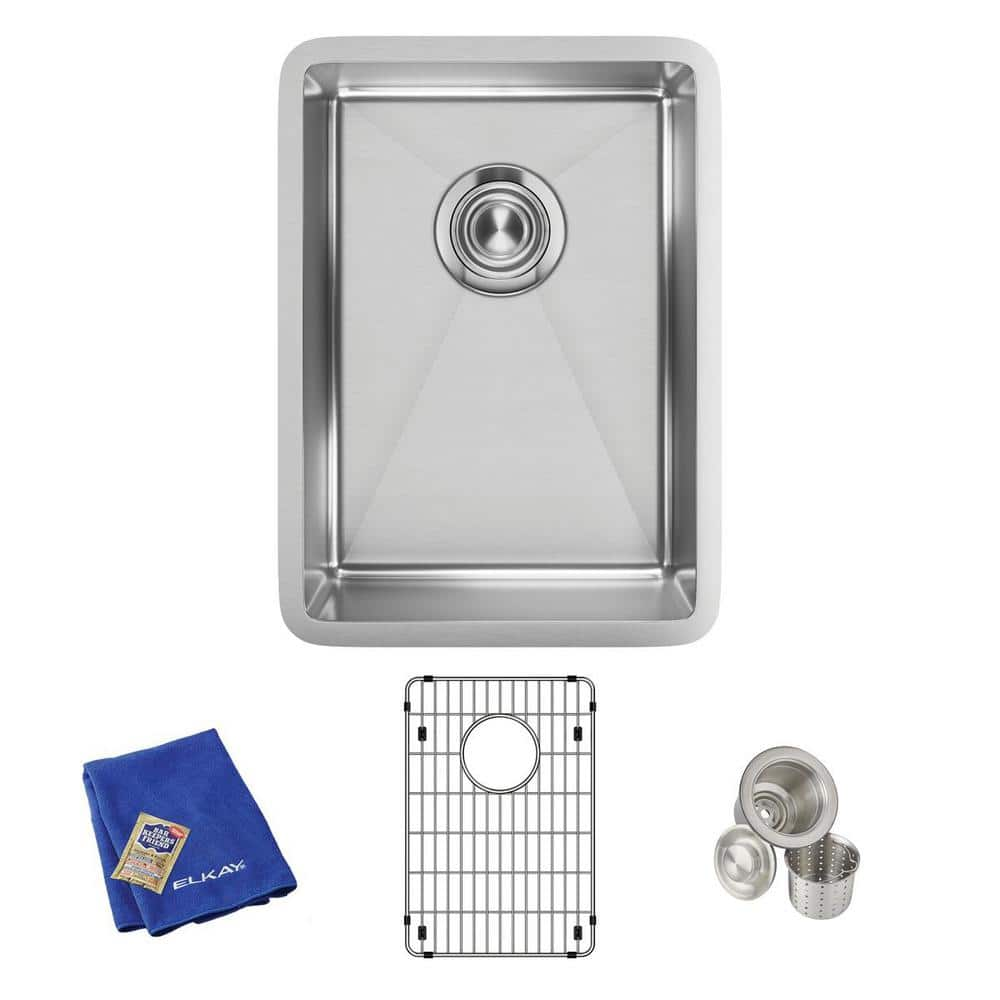 Elkay Crosstown 14 in. Undermount Single Bowl 18-Gauge Polished Satin Stainless Steel Bar Sink Kit w/ Accessories