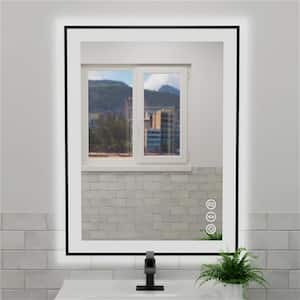 24 in. W x 32 in. H Small Rectangular Framed LED Light Anti-Fog Wall Bathroom Vanity Mirror Front Light in Matte Black