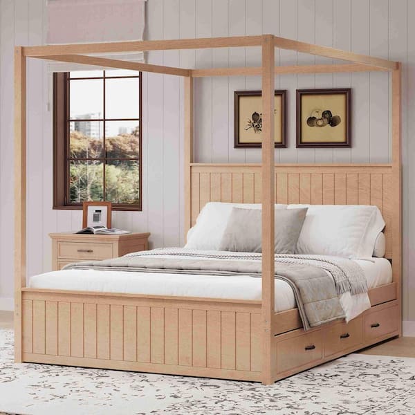 Natural/Yellow Wood Frame Queen Canopy Bed with Trundle and 3-Storage Drawers