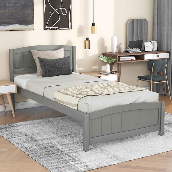 Gray Wood Frame Twin Platform Bed with Headboard, Footboard and Wood Slat Support