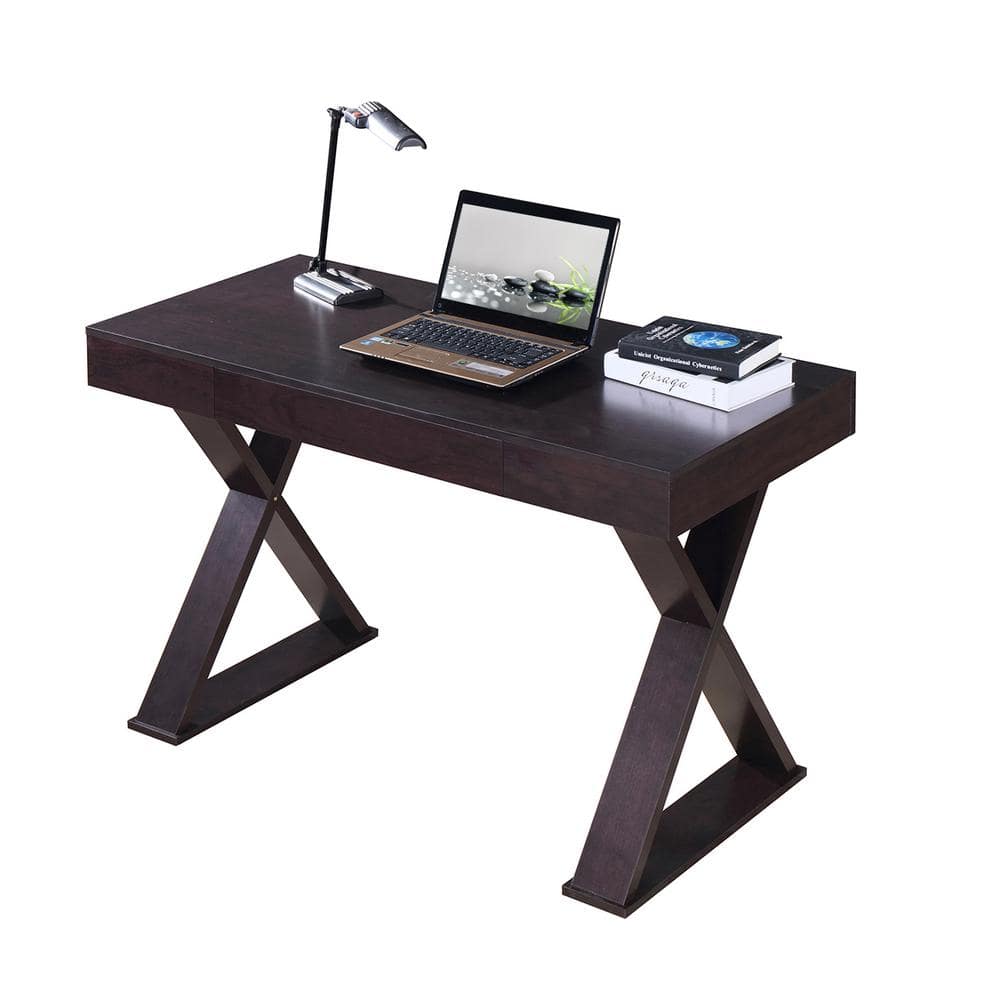 Espresso Wood Executive Writing Desk with Drawer and X-Base