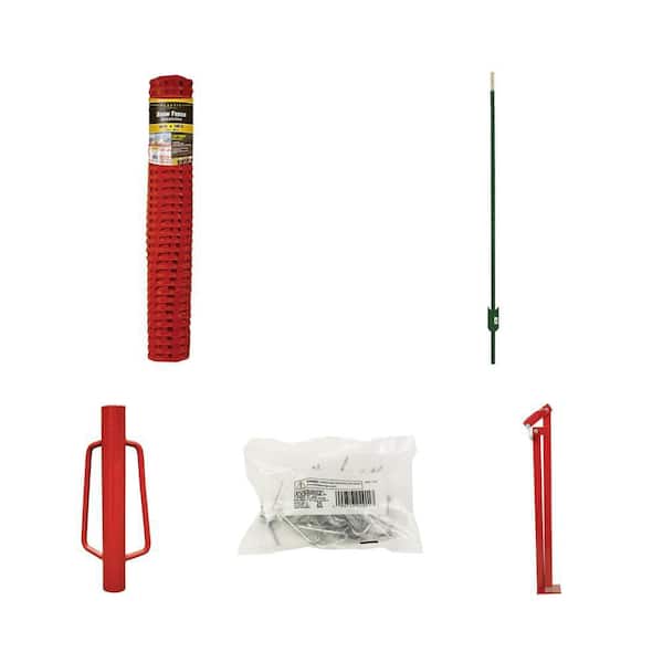 4 ft. x 100 ft. Orange Snow Fence, 5 ft. Green Steel T-Post, Post Driver, Clips (25 per Bag) and T-Post Puller