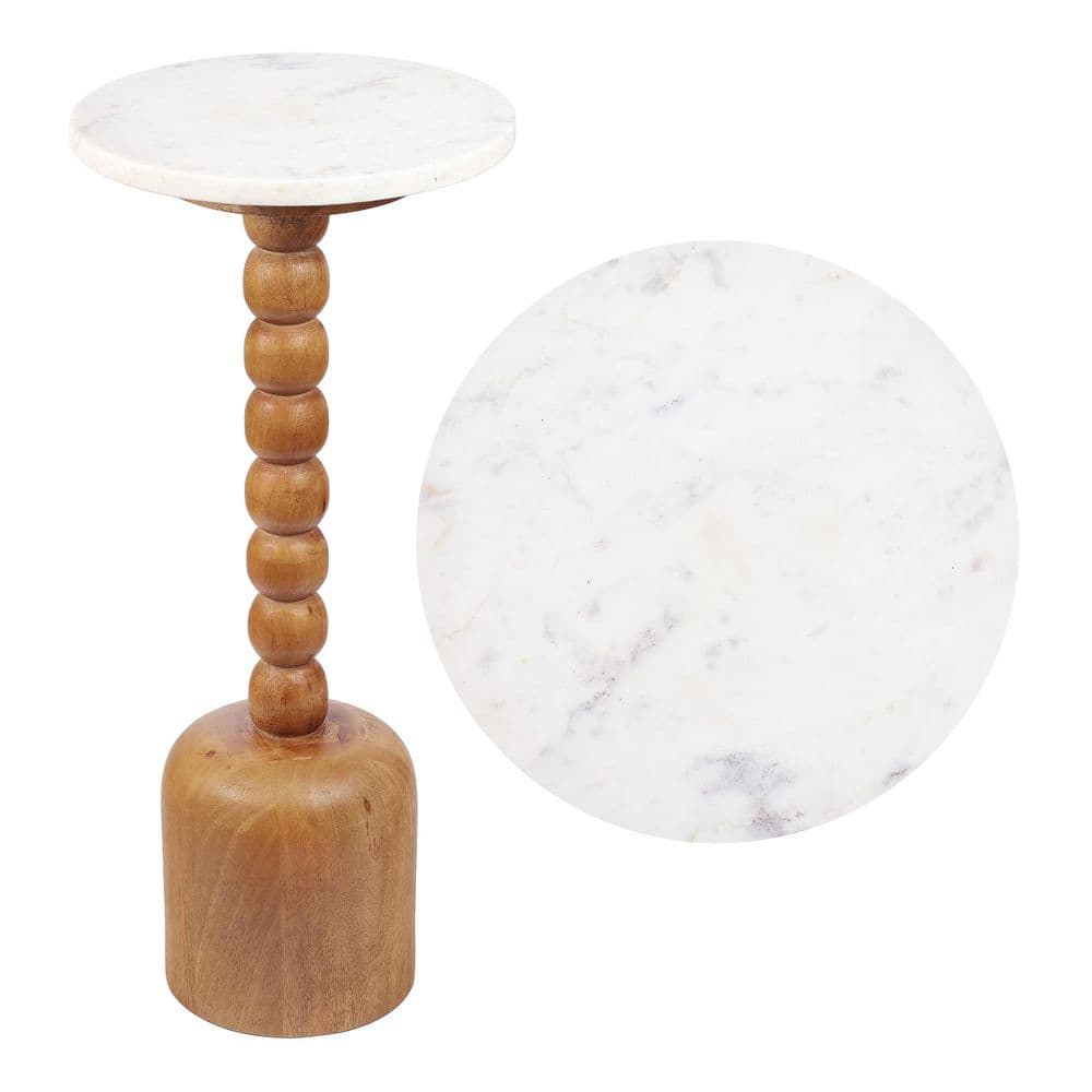 Turner 10 in. Designer Cottage Spindle Wood Column Drink Table with White Marble Round Top, Natural