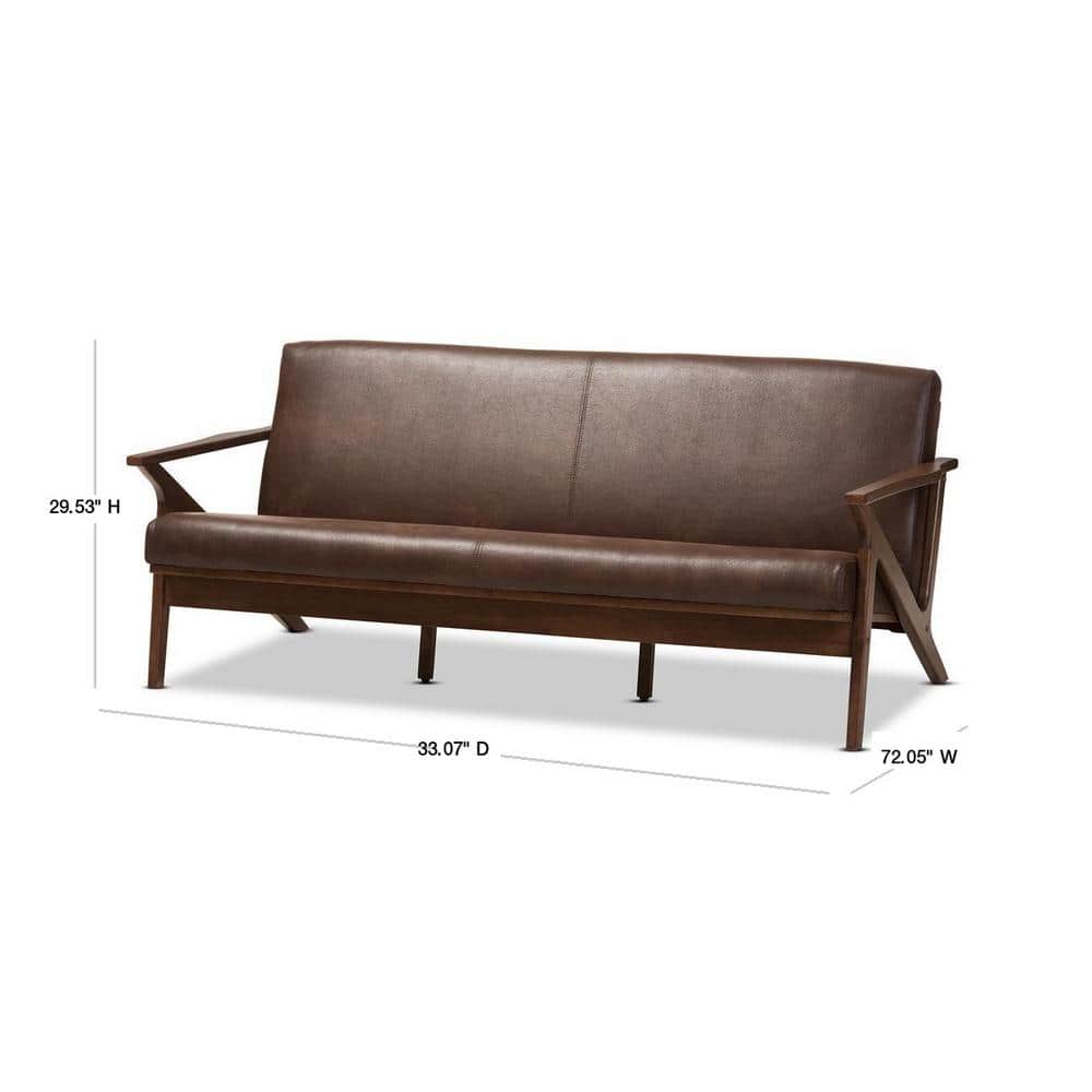 Walnut Wood Dark Brown Faux Leather 3-Seater Sofa