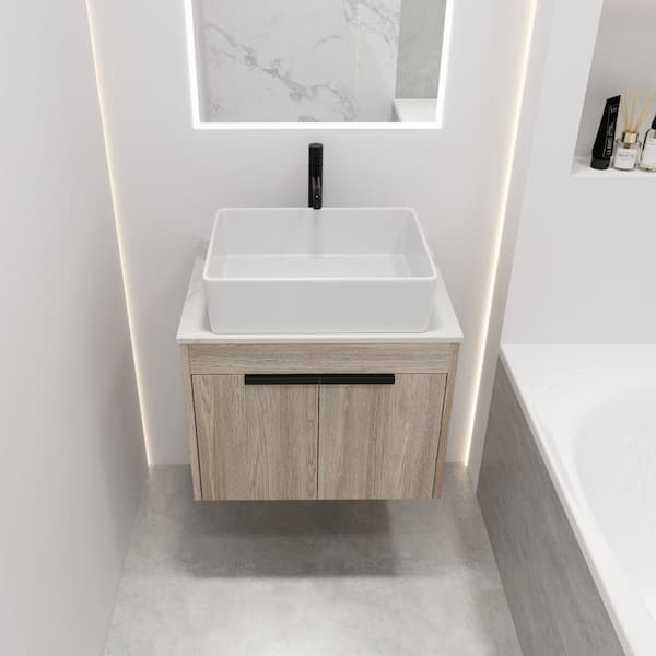Victoria 24 in. W x 19 in. D x 24 in. H Floating Single Sink Bath Vanity in Wood with White Stone Top and Cabinet
