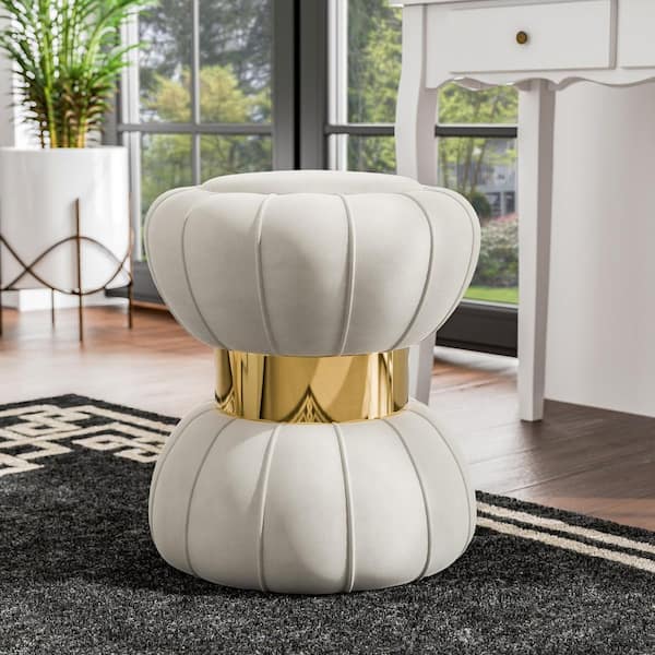 Kerri Modern White Velvet Fabric Round Accent Ottoman Small (Under 22 in.)