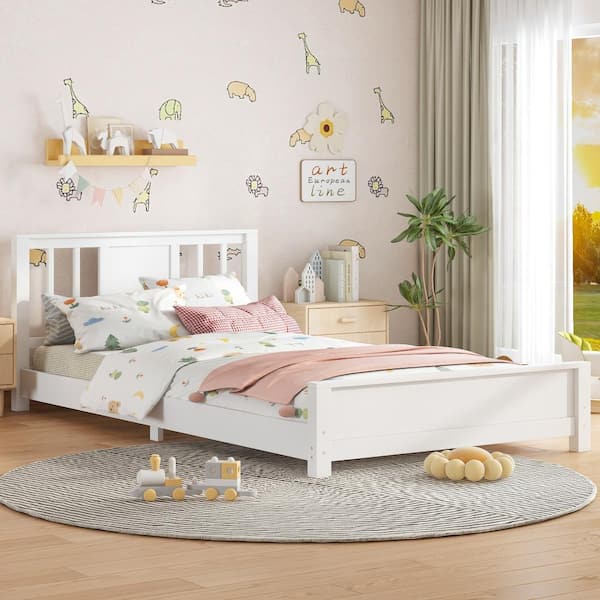 Nestfair White Wood Frame Twin Size Platform Bed with Headboard