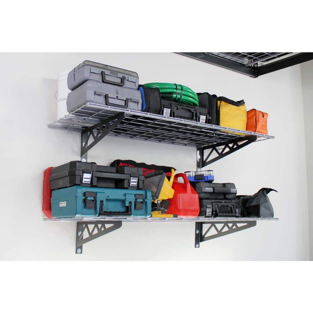 Hammertone Gray Steel Wall-Mounted Garage Shelves with Hooks