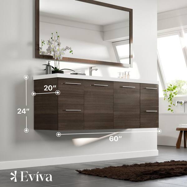 Eviva Luxurious 60 in. W x 22 in. D x 26 in. H Floating Bath Vanity in Gray Oak with White Tempered Glass Top