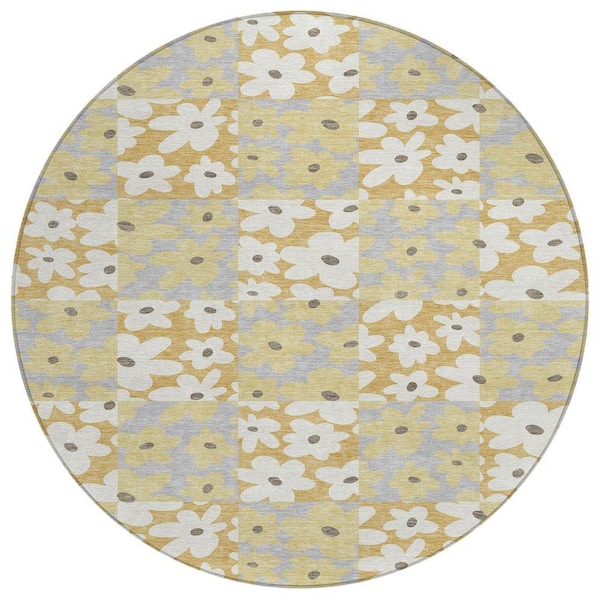 Chantille Machine Washable Indoor/Outdoor Abstract ACN2476 Gold 8 ft. x 8 ft. Round Rug