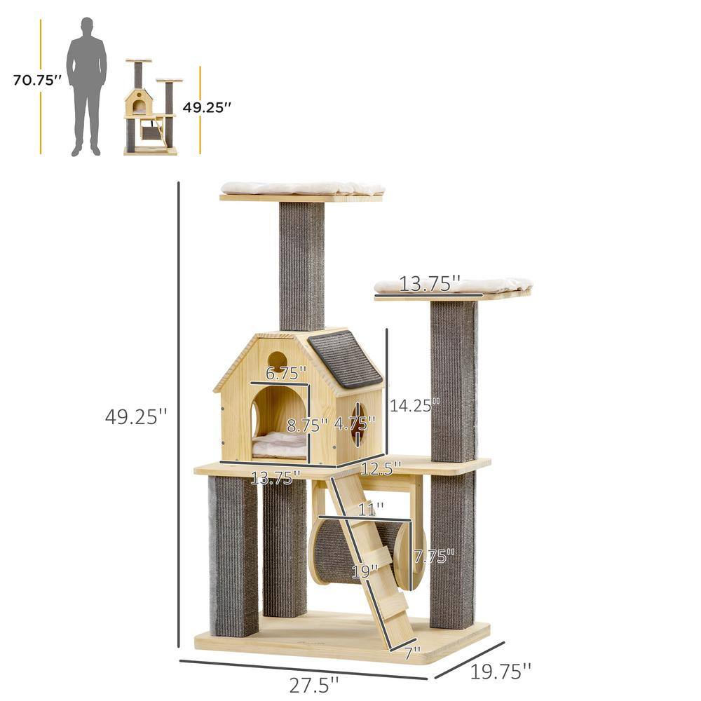 Natural Wooden Cat Tree with Sisal Scratching Posts and Cushions