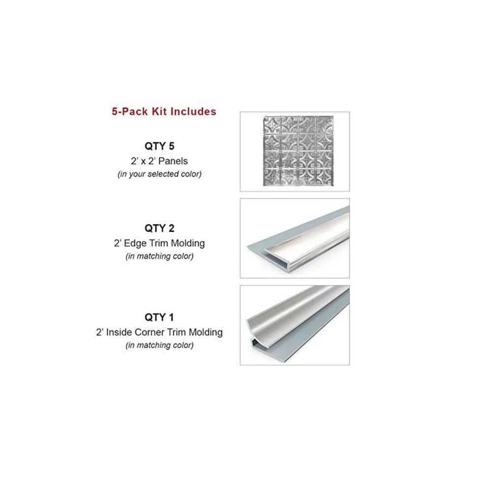 Bright White Satin Metal Tin Backsplash Panels, 24 x 24 inch, Set of 5