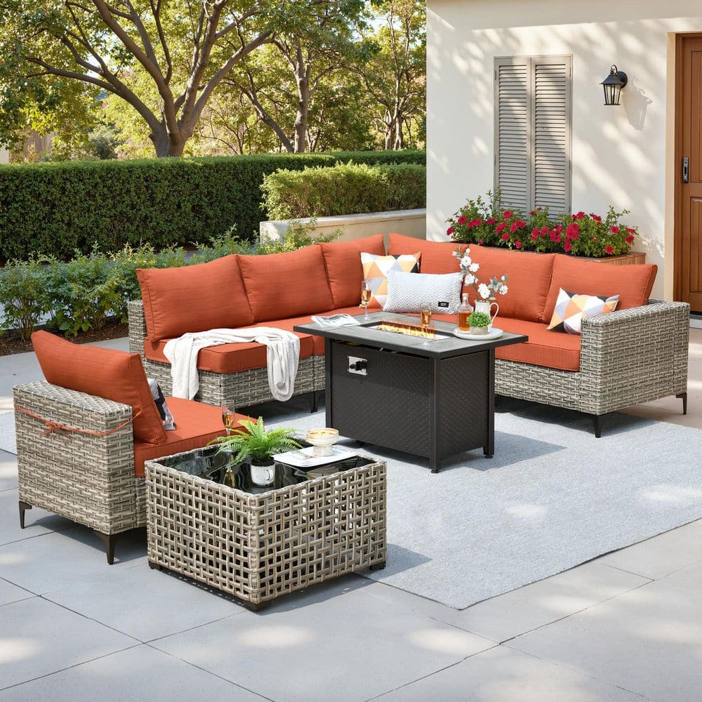 Reno 8-Piece Wicker Outdoor Patio Fire Pit Conversation Sofa Sectional Set with Brick Red Cushions price history on PriceWatchPro