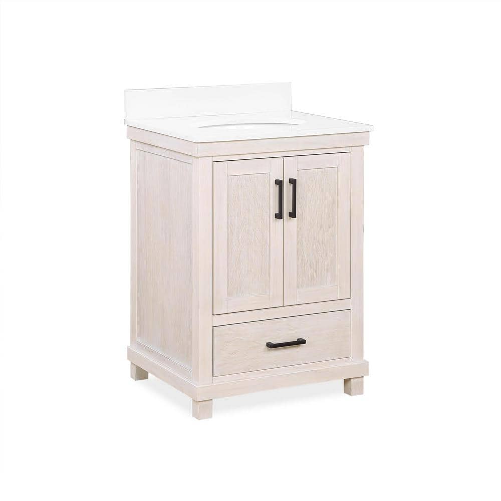Rion 24 in. Rustic White Bathroom Vanity with White Composite Granite Vanity Top, White Ceramic Oval Sink and Backsplash