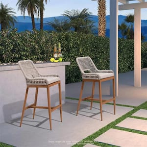 Modern Aluminum Plaid Wicker Woven Bar Height Outdoor Bar Stool with Back and Cushion (2-Pack)