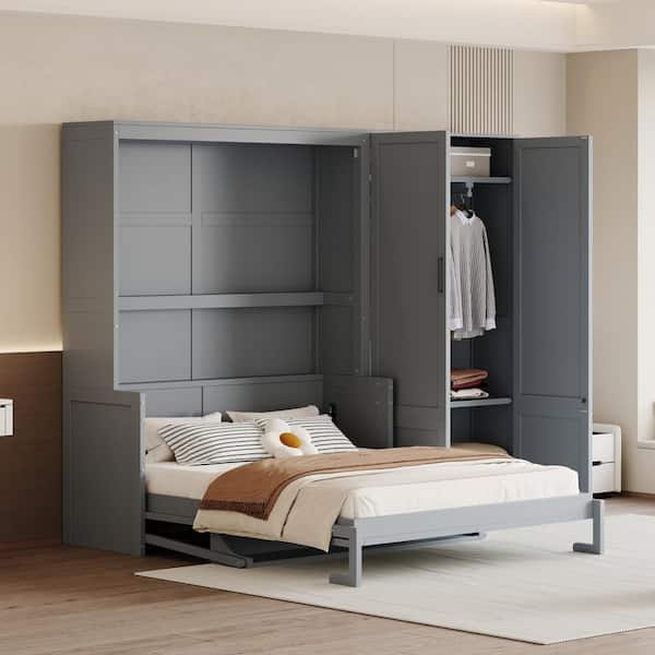 Harper & Bright Designs Gray Wood Frame Queen Size Murphy Bed Wall Bed with Closet and Shelves