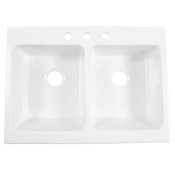 Parker 34 in. 3-Hole Quick-Fit Farmhouse/Apron-Front Drop-In Double Bowl Crisp White Fireclay Kitchen Sink