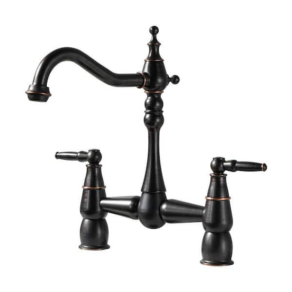 VEVETTA Vintage 2-Handle High Arc Bridge Kitchen Faucet with Hole Cover in Oil Rubbed Bronze