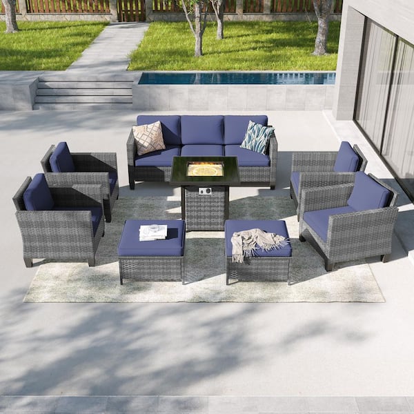 8-Pieces Patio Conversation Set with Square Fire Pit Table, Gray Wicker Wide Armrests Sofa with Navy Blue Cushion