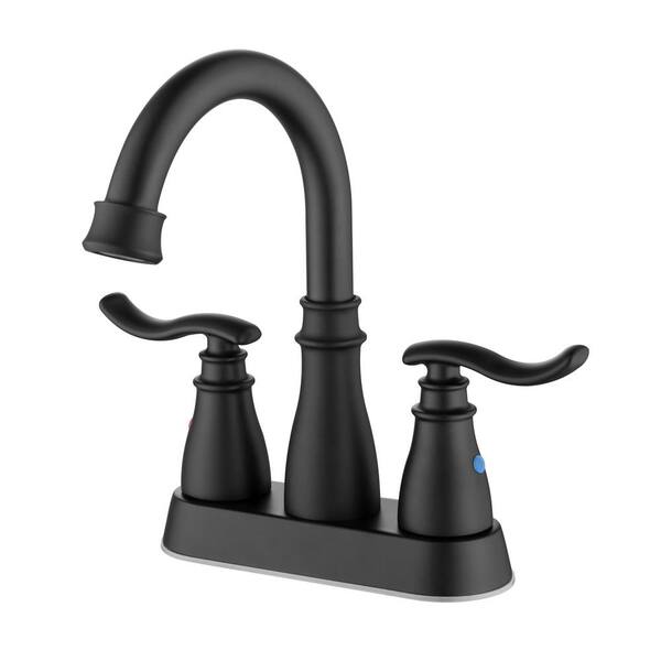 FLG 4 in. Centerset Double Handle High Arc Bathroom Faucet with Pop-Up Drain Kit Stainless Steel Sink Faucets in Matte Black