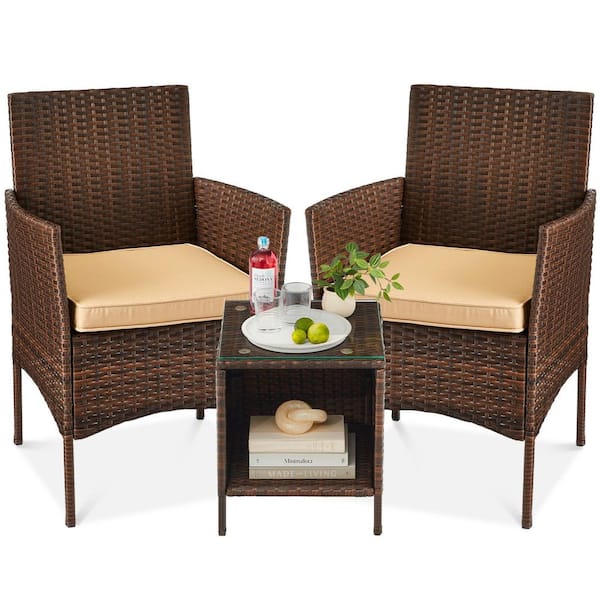 Unbranded Brown 3-Piece Wicker Outdoor Bistro Set with Tan Cushion