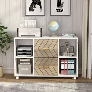 Atencio 2-Drawer White Wood 40 in. W Lateral File Cabinet, Large Mobile Filing Cabinet Letter Size, Home Printer Stand