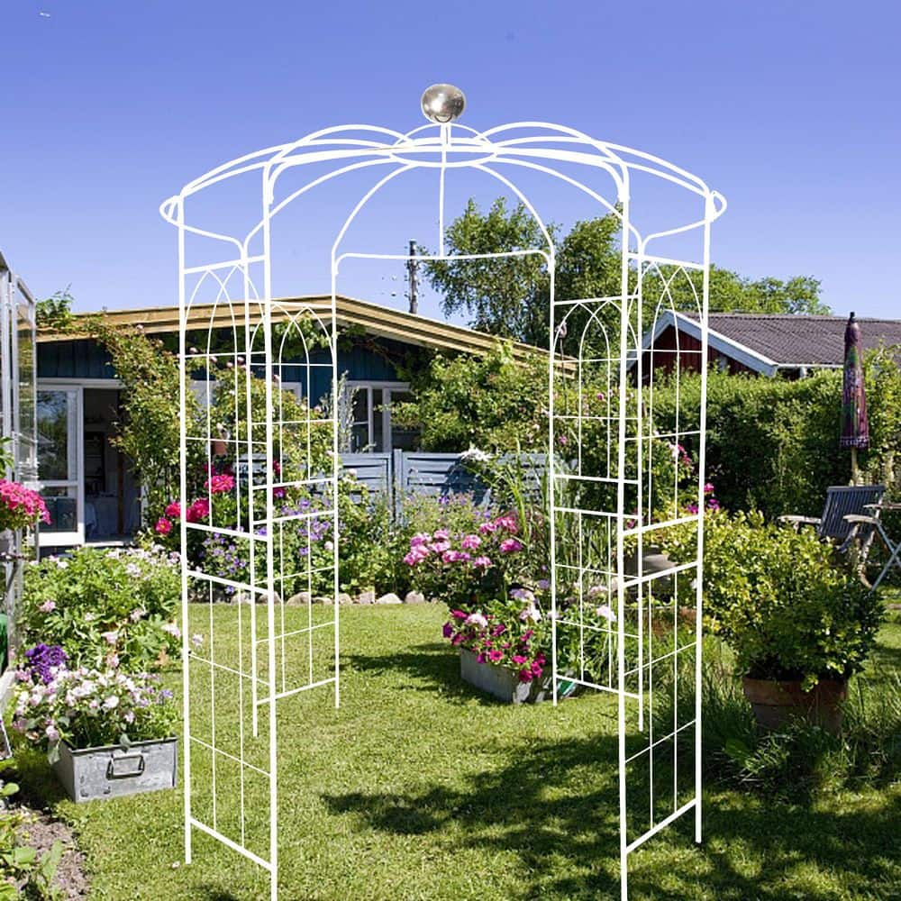 114.20 in. White Metal Garden Arch Iron Garden Arbors Gazebo Birdcage Shape