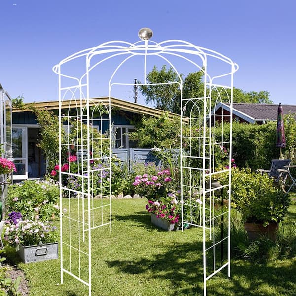 114.20 in. White Metal Garden Arch Iron Garden Arbors Gazebo Birdcage Shape Pergola Pavilion Trellis
