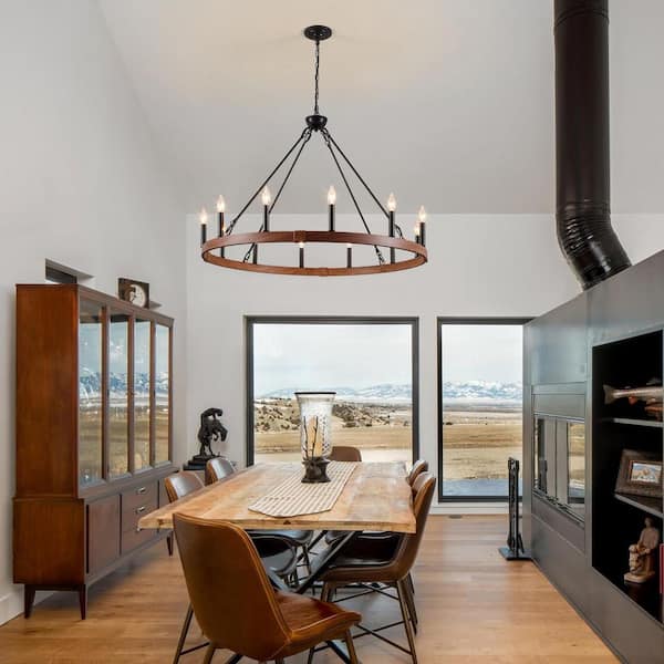 Farmhouse 12-Light Walnut Wagon Wheel Chandelier, 37.4" Round High Ceiling Lighting for Kitchen Island Entryway Foyer