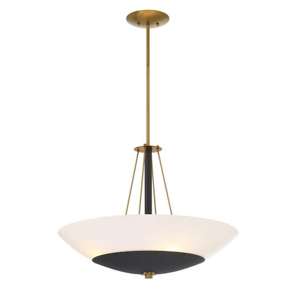 Minka Lavery Bax 60-Watt 4-Light Sand Black and Soft Brass Bowl Pendant Light with Clear and White Glass Shades, No Bulbs Included