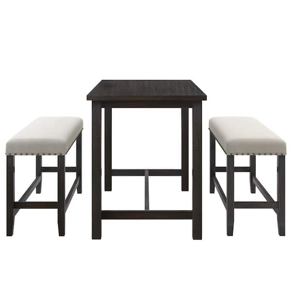 maocao hoom 3 Pieces  Black Wooden Dining Set with 2-Beige Upholstered Benches