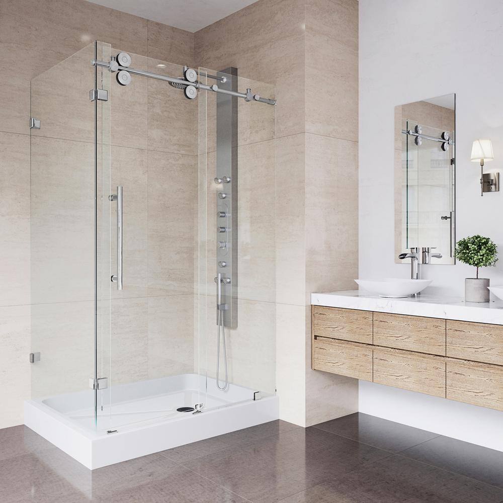 Winslow 48" Frameless Clear Glass Sliding Shower Enclosure with Black Hardware