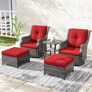 5-Piece Wicker Outdoor Patio Conversation Set with Swivel Rocking Chairs, Ottomans and Beige Cushions