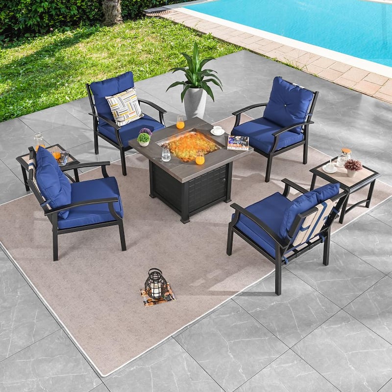 7-Piece Metal Patio Conversation Set with Blue Cushions