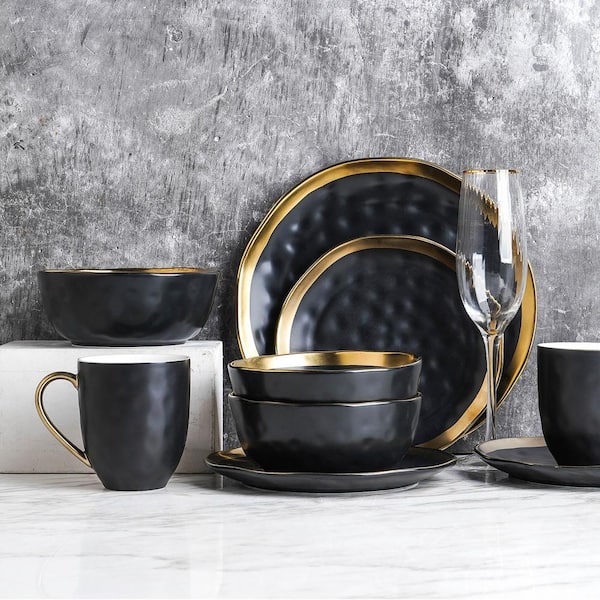 Stone Lain Florian 16-Piece Dinnerware Set Porcelain, Service For 4, Black