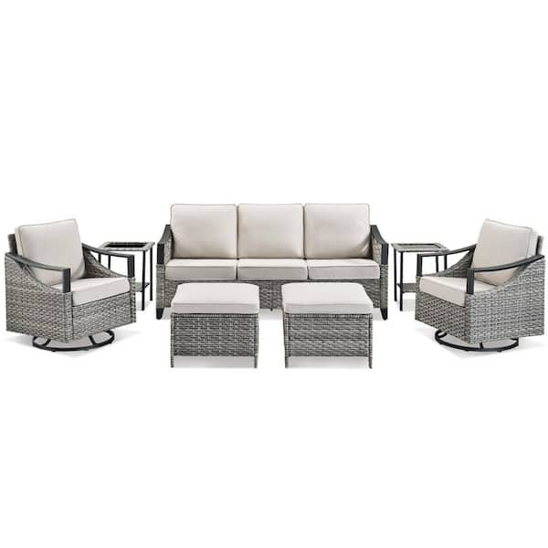 7-Piece Wicker Patio Conversation Set with Beige Cushions,Suitable for Outdoor
