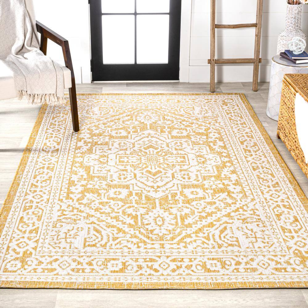 Sinjuri Yellow/Cream Medallion Hand-Woven 9' x 12' Indoor/Outdoor Rug