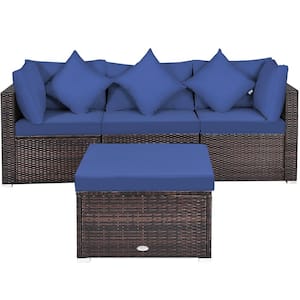 4-Pieces Rattan Patio Conversation Sets Wicker Ottoman Garden Patio Furniture Set with Navy Cushion
