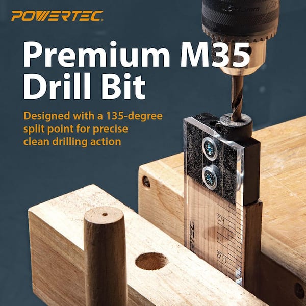 1/2 in. Dowel Drilling Jig with Depth Scale Laser Cut Alignment Marker Cobalt M-35 Drill Bit and Split Ring Stop Collar