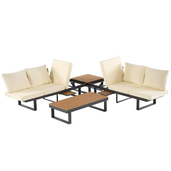 Rattan Wicker Patio Conversation Set with Adjustable Reclining Seat and Beige Cushion for Backyard, Poolside and Balcony