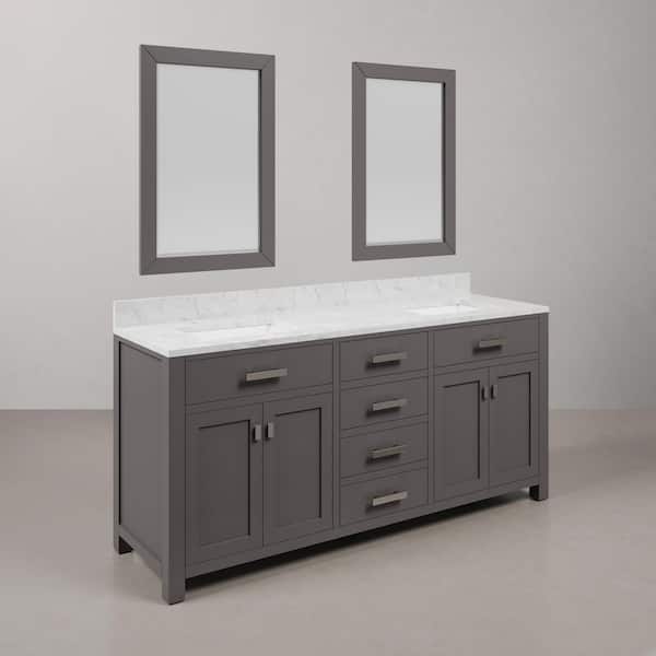 Madison 72 in.W x 21.5 in.D x 34 in.H Double Sink Bath Vanity in Cashmere Grey with Carrara White Marble Top and Mirrors