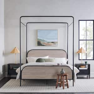 Industrial Gray Metal Frame Queen Canopy Bed with Wood Headboard and Footboard