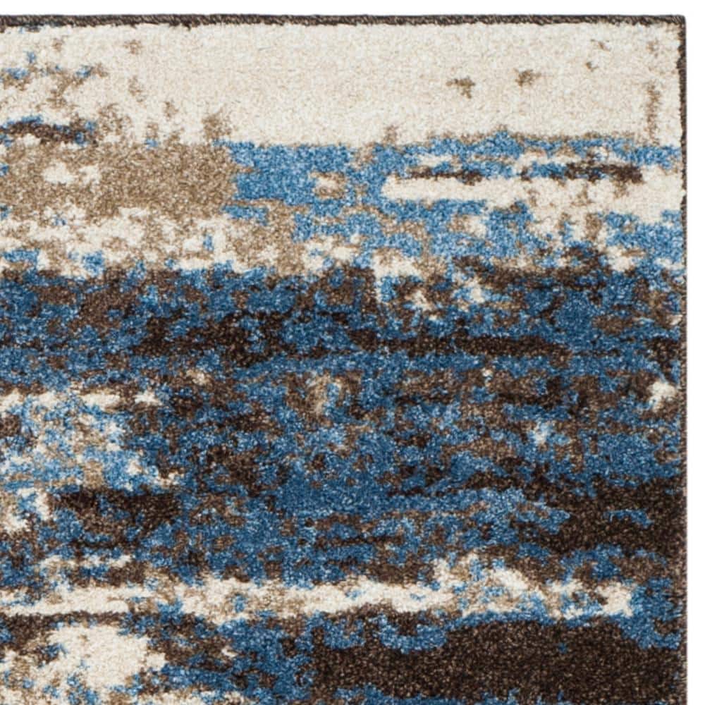 4' Square Blue and Cream Abstract Shag Rug