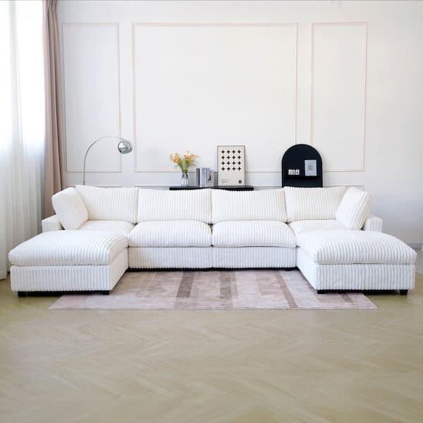 Magic Home Lawson Cloud Couch 157 in. Square Arm Faux Rabbit Fur Velvet Modular Sofa with Ottomans, Washable Covers in. White