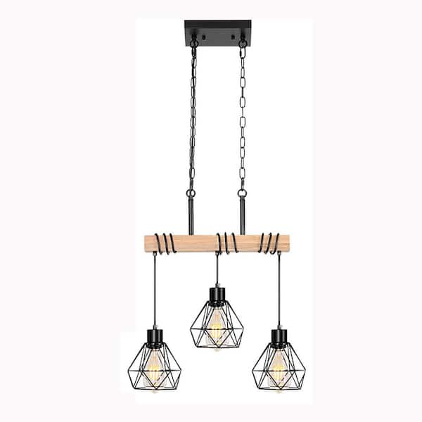 Farmhouse 3-Light Matte Black and Natural Wood Linear Chandelier with Diamond Shades for Kitchen Island