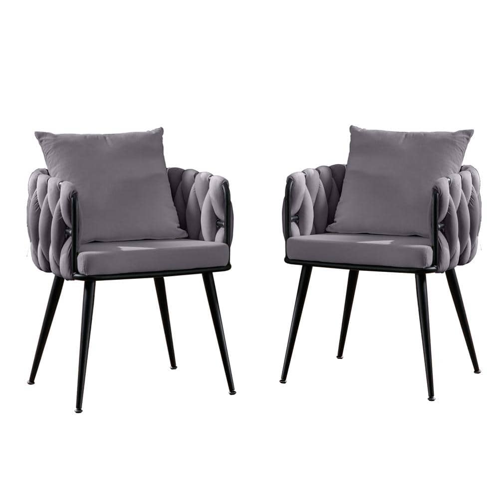 Purple Velvet Accent Arm Chair Set of 2 Hand Weaving Dining Chairs Modern U