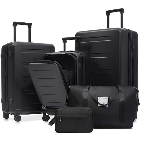 5-Piece Black ABS Plastic Hardside Expandable Luggage Set with Front Opening, USB Port, TSA Locks ,Double Spinner Wheels