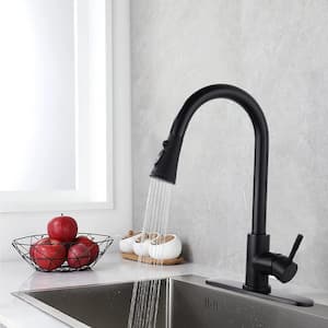 Single-Handle Deck Mount 360-Degree Rotation Pull Down Sprayer Kitchen Faucet with Deckplate Included In Matte Black